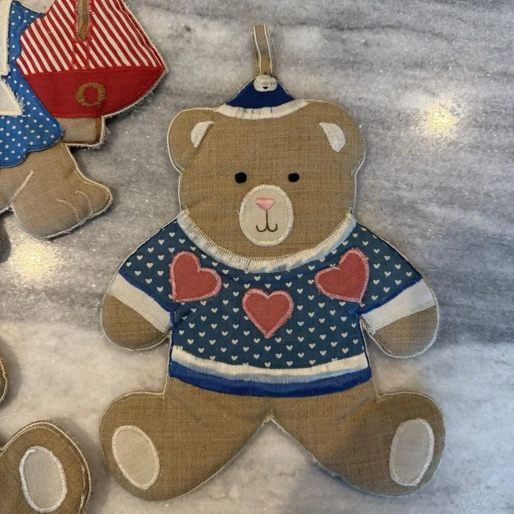 Set Of 3 Vintage Teddy Bear Fabric Wall Hangings Or Hot Pads/Pot Holders